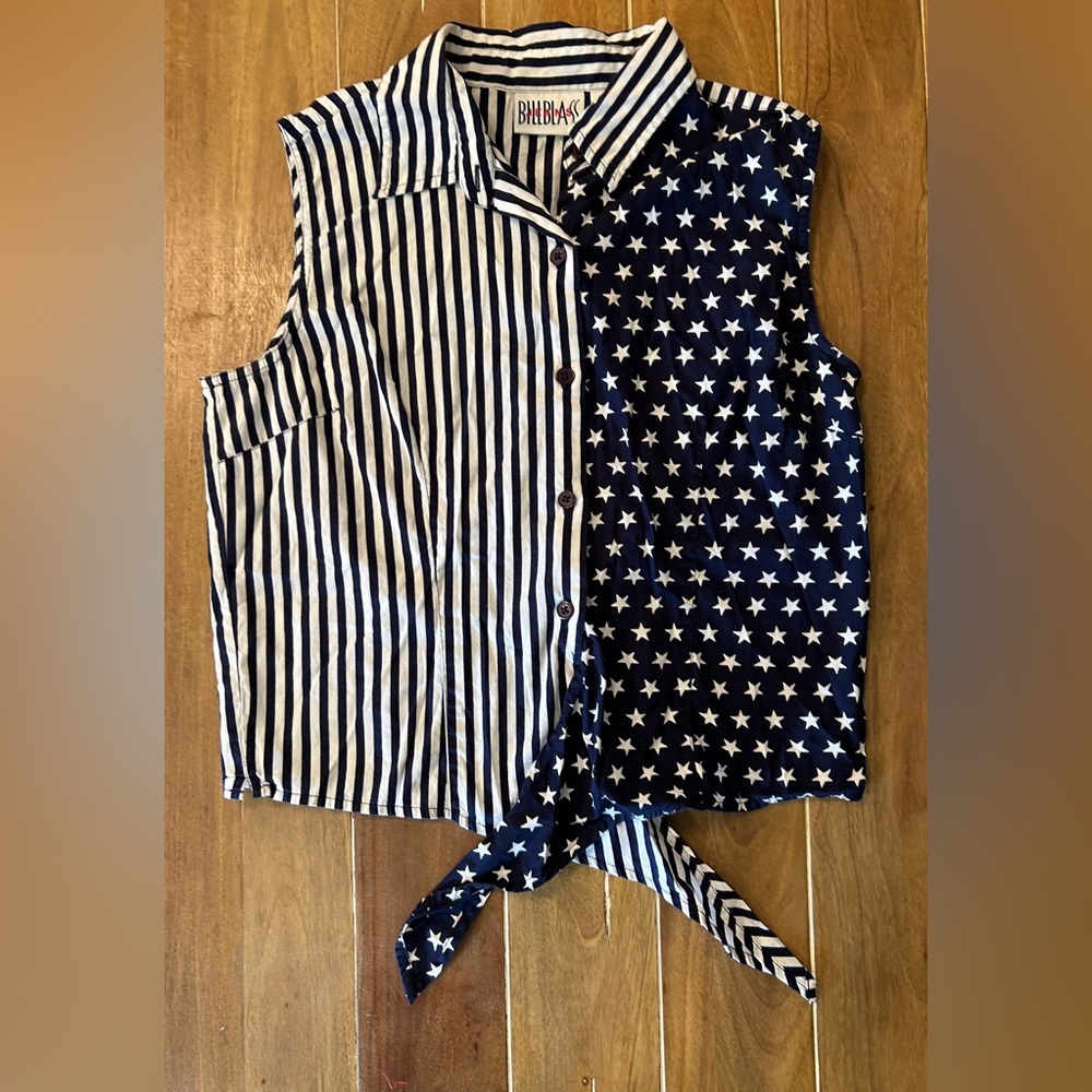 Vintage Bill Blass‎ Jeans Womens Medium Sleeveless Tie Front Stars Stripes Shirt